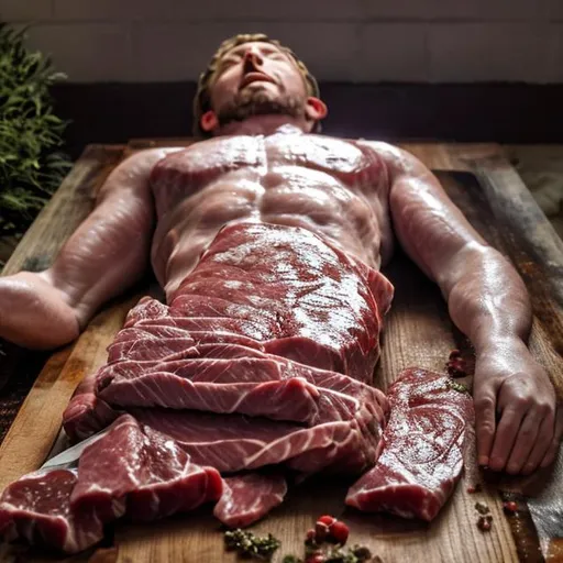 Prompt: man made of meat laying down photo