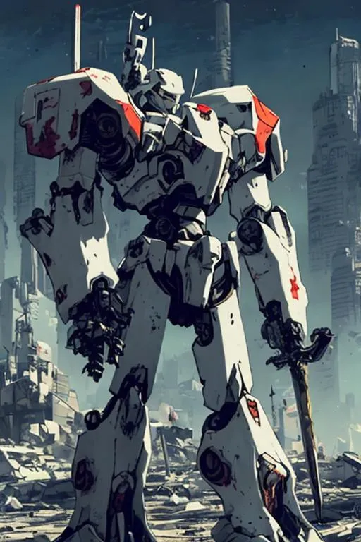 Prompt: A white mecha with a sword or other weapons beside it and a ruined city as background