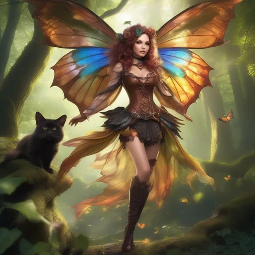 Prompt: ((Epic)). Cinematic. Shes a (colorful), Steam Punk, gothic, witch. (spectacular), Winged fairy, with a skimpy, (colorful), ((gossamer)), flowing outfit, standing in a forest, by a village. ((Wide angle)). ((Detailed Illustration)). ((8k)).  Full body in shot. ((Hyper real painting)). ((Photo real)). An ((extremely beautiful)), ((very shapely)) woman with, ((Anatomically real hands)), and ((vivid)), ((colorful)), ((bright eyes)). A ((pristine)) Halloween night. ((Concept style art)). Rays of light. Lens flares. (Celestial). Sony a7 IV