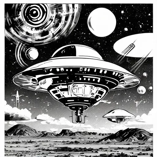 Prompt: Cover art UFO comic style black and white
