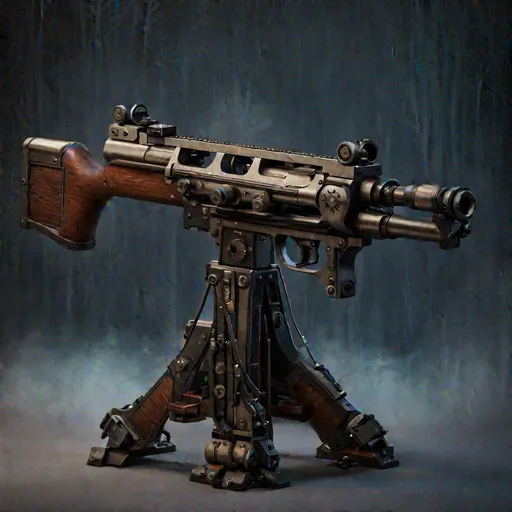 Prompt: Zoomed out Product photo of an Arcane Machine Gun with a round drum magazine on a weapon stand, Highly Detailed, 4k quality, Design inspired by fantasy and Dungeons and Dragons, ultra-detail, sharp look, High-Texture Blender, Unreal engine, hyper realistic, photorealistic, photograph, unreal engine render, one gun