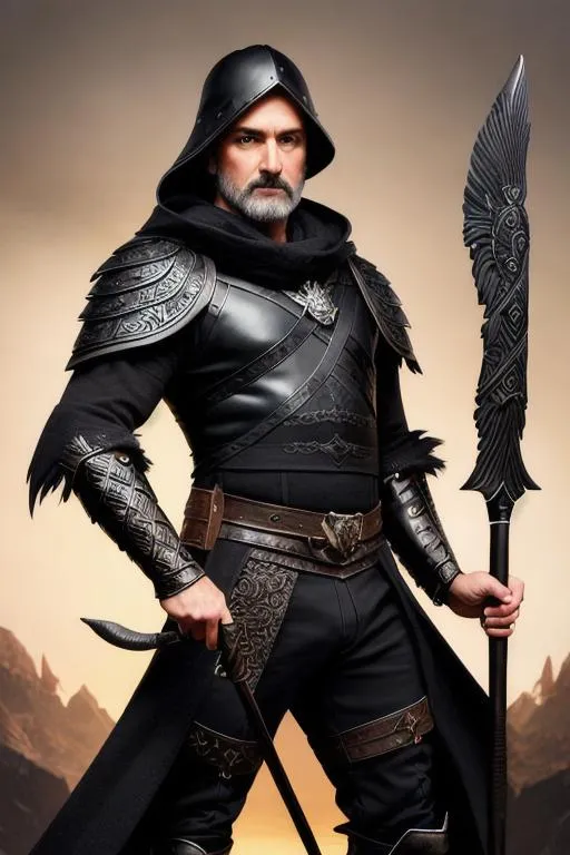 Prompt: middle age man, holding black spear, spear with raven carving,  full body view, Hyper-realistic, perfect, intricate, symmetrical, wide eyes, soft-lighting, detailed-face, high details, UHD, real hands, proper hands, real fingers, proper fingers, no deformed parts