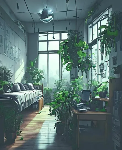 Prompt: dorm room, with full of nature plant but there is a computer in somewhere the picture, dark and gloomy describe fear,, cartoon style, the plant all over the dorm, kinda feel after apocalypse, fear of ocean.