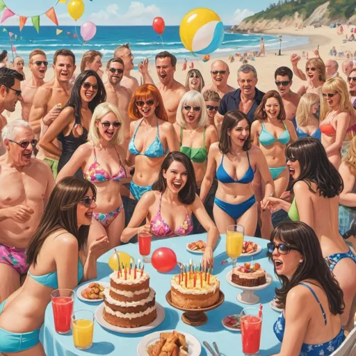 Prompt: A wild adult birthday party at the beach.everyone in bathing suits. Lots of things happening in the background