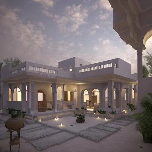 Prompt:  I want a 3D view of a Sudanese local house with lighting and clouds , the color white and grey 