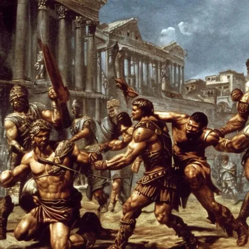 Prompt: Spartacus and his former gladiators sack Rome.