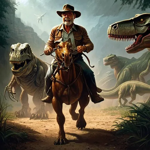 Prompt: ultra realistic illustration, Harrison Ford Indiana Jones being chased by a T-Rex, intricate, highly accurate Harrison Ford face, elegant, highly detailed, digital painting, artstation, concept art, smooth, sharp focus, illustration, art by artgerm and greg rutkowski and drew struzan