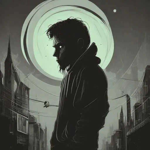 Prompt: Cool-toned digital abstract art of a 30-year-old skateboarder with long dark brown hair, green eyes, and a black hoodie, staring at the moon, detailed hair and facial features, surreal moonlit atmosphere, professional, cool tones, urban gothic, modern, detailed eyes, atmospheric lighting