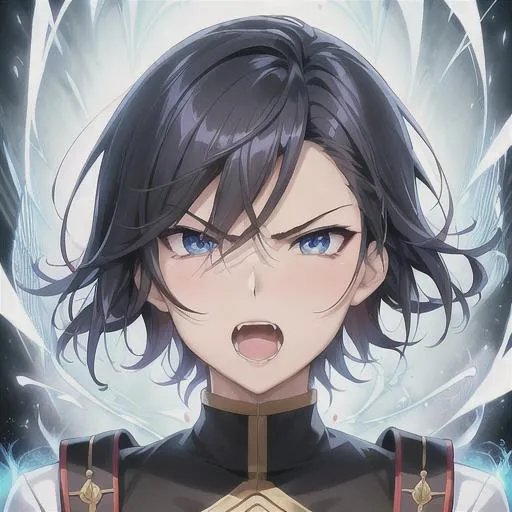 Prompt: Close-up portrait of a {male}, male, guy, symmetrical, anime wide eyes, short hair, soft lighting, detailed face, takashi takeuchi, concept art, digital painting, looking into camera, fate, powerful, angry, energy, shouting, open mouth, fangs, blue eyes, black hair, anime face marks