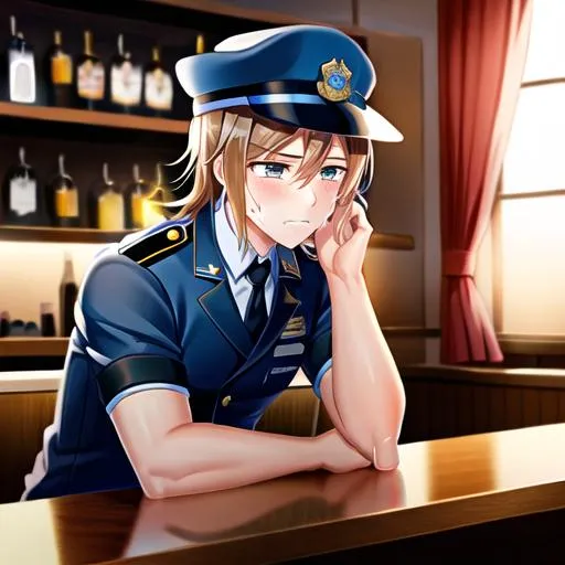 Prompt: Caleb as a police officer, crying sitting at the bar, missing a loved one, heartbroken







