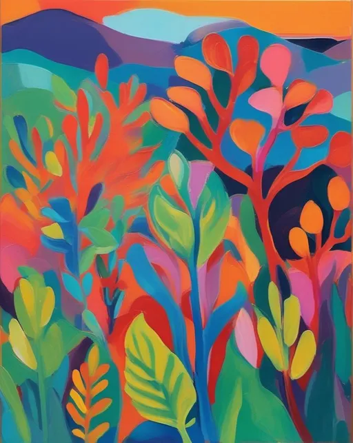 Prompt: A fauvism-inspired artwork celebrating the joy of nature with bold colors and organic shapes. Capture the image with natural light to enhance the vibrancy.