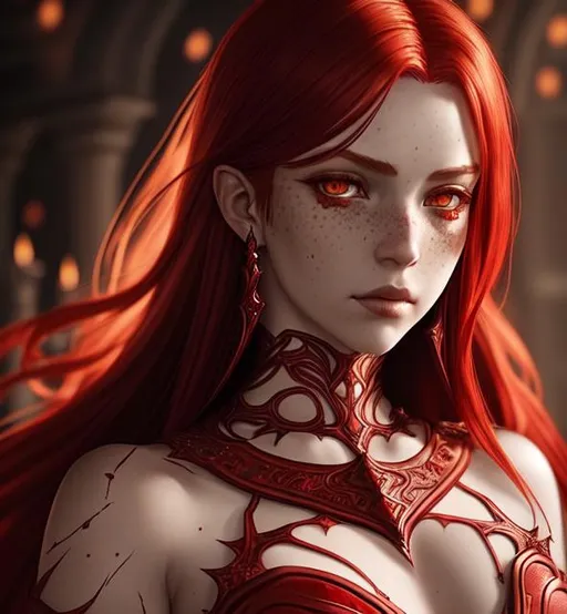 Prompt: half demon freckled Clarie Farron with fringed choppy pale red hair and light red boold glowing eyes darking league of legends | wearing byzantine gown | ultra-fine details, intricate scene, ambient lighting, soft glow, elegant, 16, symmetrical facial features, accurate anatomy, sharp focus, final fantasy cgi still, artgerm, taken on nikon d750, scenic, gossamer, iridescent, ethereal, auroracore, vaporwave, splash art, pixiv, tumblr instagram