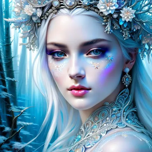 Prompt: Woman with platinum hair, in a dress of ice flowers, a beautiful crown on her head, detailed face, detailed skin, front, background frozen forest, cover, unzoom, choker, hyperdetailed painting, luminism, Bar lighting, complex, 4k resolution concept art portrait by Greg Rutkowski, Artgerm, WLOP, Alphonse Mucha, little fusion pojatti realistic goth, fractal isometrics details bioluminescens : a stunning realistic photograph 30 years
