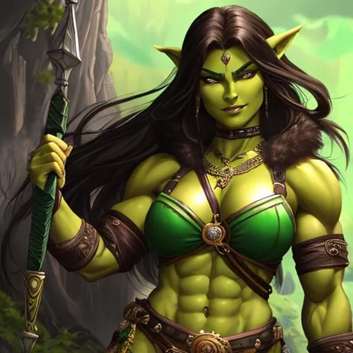 Prompt: oil painting, D&D fantasy, green-skinned-orc girl, green-skinned-female, tall, toned muscle, beautiful, short dark brown hair, wavy hair, stoic, pointed ears, fangs, looking at the viewer, barbarian wearing intricate adventurer outfit, #3238, UHD, hd , 8k eyes, detailed face, big anime dreamy eyes, 8k eyes, intricate details, insanely detailed, masterpiece, cinematic lighting, 8k, complementary colors, golden ratio, octane render, volumetric lighting, unreal 5, artwork, concept art, cover, top model, light on hair colorful glamourous hyperdetailed medieval city background, intricate hyperdetailed breathtaking colorful glamorous scenic view landscape, ultra-fine details, hyper-focused, deep colors, dramatic lighting, ambient lighting god rays, flowers, garden | by sakimi chan, artgerm, wlop, pixiv, tumblr, instagram, deviantart