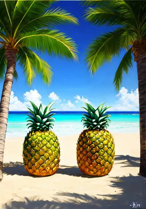 Prompt: 2 pineapples, with anime faces ((Yoji Shinkawa art style)) talking to each other on the beach. UHD, , 8k, high quality, oil painting, hyper realism, Very detailed, zoomed out view of characters, full body of characters are seen, 2 pineapples talking via paper cups with a string. 