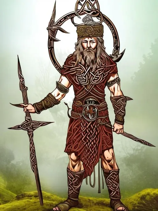 Prompt: Celtic god. Warrior, Forest background. Pagan symbols