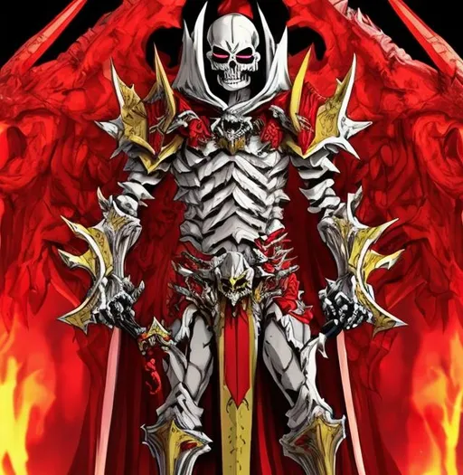 Prompt:  skeleton demon 😈 man wear yellow and red full set armor 