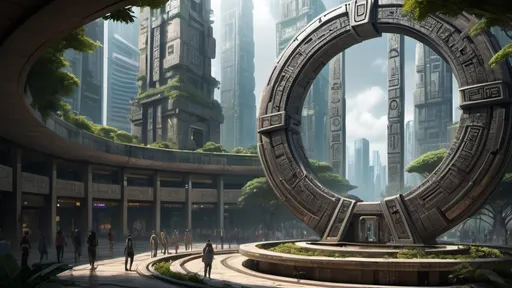 Prompt: magical portal between cities realms worlds kingdoms, circular portal, ring standing on edge, upright ring, freestanding ring, hieroglyphs on ring, complete ring, ancient mayan architecture, gardens, hotels, office buildings, shopping malls, large wide-open city plaza, turned sideways view, futuristic cyberpunk tech-noir setting