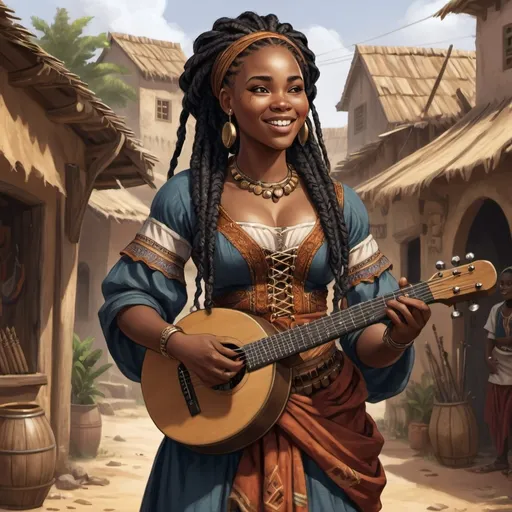 Prompt: Full body, Fantasy illustration of a black female bard, 22 years old, full figured, beautiful, westafrican, black braids, traditional West African garment, African instrument, joyfull expression, singing, high quality, rpg-fantasy, detailed, medivial west African town