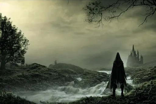 Prompt: Rendition of 1 ringwraith from Lord of the rings movie standing close to a river, black glowing sun, gloomy fog on ground, grass, creepy trees, castle in background, ultra realistic
