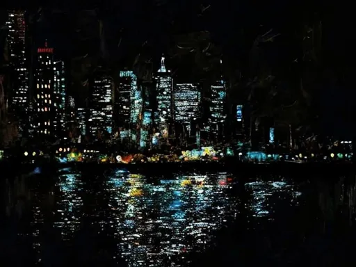 Prompt: Thick oil impasto York Skyline from 42nd Street Pier, thick oil impasto