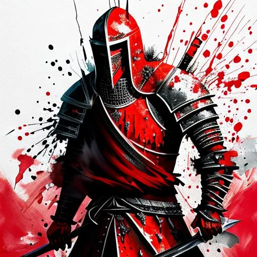 Prompt: splash art painting of a Knight, blood stained sword, red and black splashes and strokes, bright colours, dark background, dull lighting, 8k, realistic, detailed, 