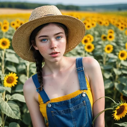 Prompt: highrez photo, natural outdoor scene, torso view 1girl 18-years-old, highly detailed facial features and skin with light freckles, black hair, blue eyes, braid, background meadow field of flowers, dynamic active pose smelling flowers, hat, denim overalls, wide lips, straw hat, sunflower