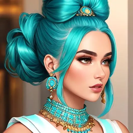 Prompt: An extremely gorgeous woman,  with top knots full of turquoise jewels