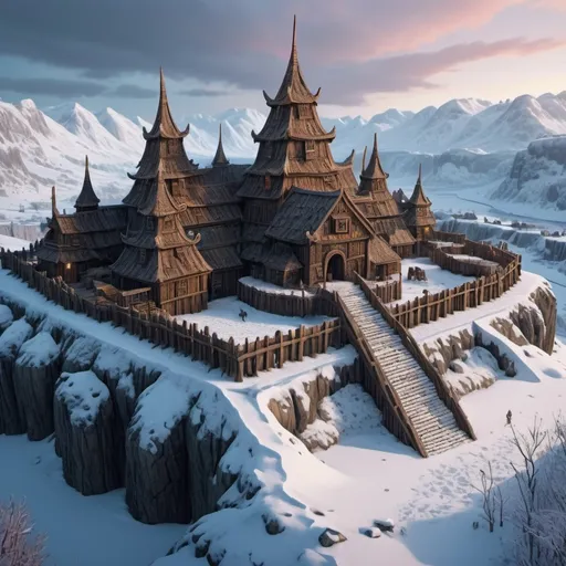 Prompt: Huge Viking hillfort, entire structure, wooden palisades, snow covered, intricate carvings details, immersive world-building, high quality, detailed, epic scale, fantasy, game style, vibrant colors, dusk