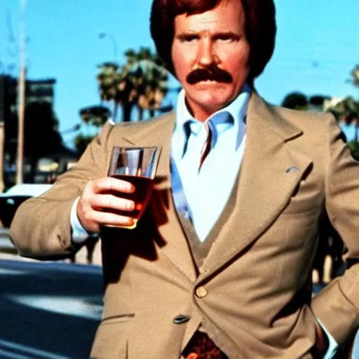 Prompt: Ron Burgundy in san diego circa 1975  with a drink