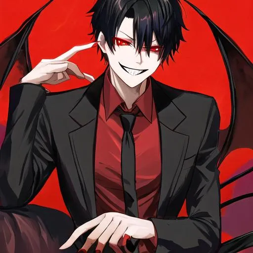 Prompt: Damien as a demon (male, short black hair, red eyes) grinning seductively