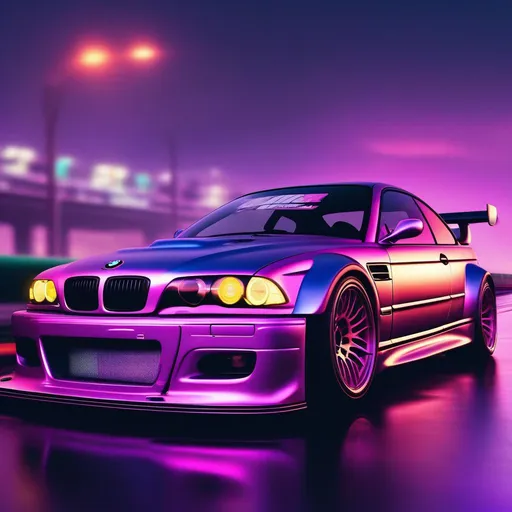 Prompt: 2001 BMW M3 E46 GTR, synthwave, aesthetic cyberpunk, miami, highway, dusk, neon lights, coastal highway, dusk, neon lights, coastal highway, sunset, drift, nurburgring, water on the road, blade runner, 8k, watercolor, macro sharp focus