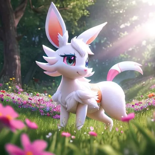 Prompt: Disney Pixar style Sylveon Pokemon, highly detailed, fluffy, intricate, big eyes, adorable, beautiful, soft dramatic lighting, light shafts, radiant, ultra high quality octane render, daytime forest background, field of flowers, bokeh, hypermaximalist