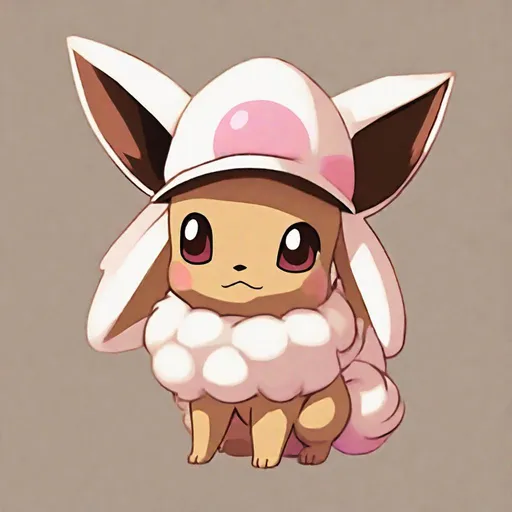 Prompt: Eevee, white-tan in color with brown lines, a mushroom hat that is white and pink, mushroom shield that is pink and white, masterpiece, best quality, in cartoon style