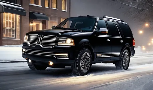 Prompt: 2017 Lincoln Navigator SUV, (black), (driving), night time, city streets, detailed,  3/4th view, snowing, winter, other cars 