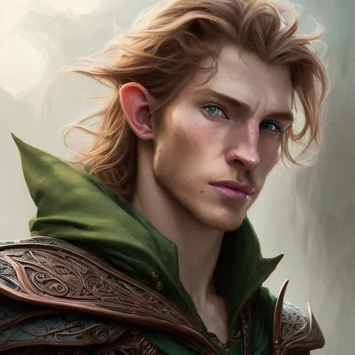 Prompt: Portrait of a Young Adult, Copper tone haired, Emerald green eyed Half-Elf male, Masculine, Ruggedly Handsome, Lightly grey skin, D&D, fantasy, perfect teeth, intricate, elegant, highly detailed, digital painting, artstation, concept art, matte, sharp focus, illustration, art by artgerm and greg rutkowski and alphonse mucha 