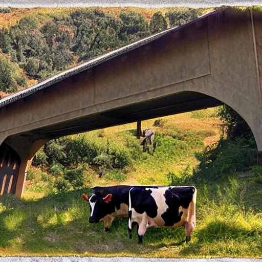 Prompt: cows on a hillside at Knights Ferry covered Bridge, art deco style