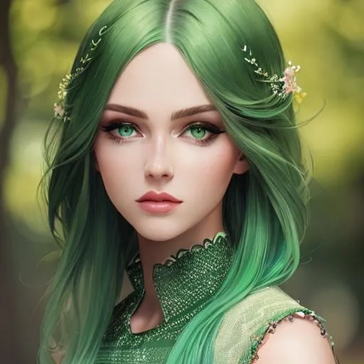 Prompt: A beautiful woman, beautiful face, stunning  green eyes, ombre gradient green hair, delicate dress, crispy focus 