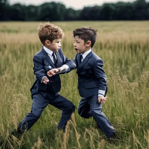 Prompt: two little boys in suits fight in field