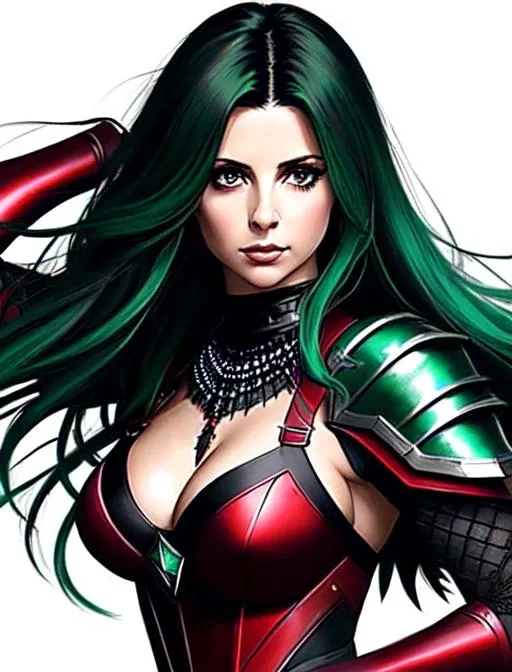 Prompt: Sarah Michelle Gellar with green hair, action pose, dark green hair, battlefield, ethereal, (red and black jeweled armor), jewelry set balayage, wild hair, (red and black armor), royal vibe, highly detailed, digital painting, dark green hairTrending on artstation , HD quality, tan skin, artgerm,  by Ilya Kuvshinov 