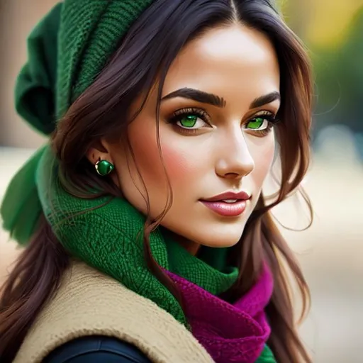 Prompt: a woman wearing a green scarf