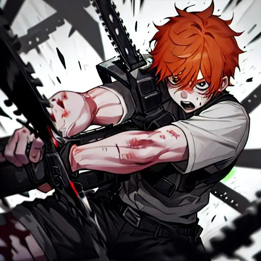 Prompt: Erikku male adult (short ginger hair, freckles, right eye blue left eye purple) UHD, 8K, Highly detailed, insane detail, best quality, high quality, fighting with a chainsaw, covered in blood