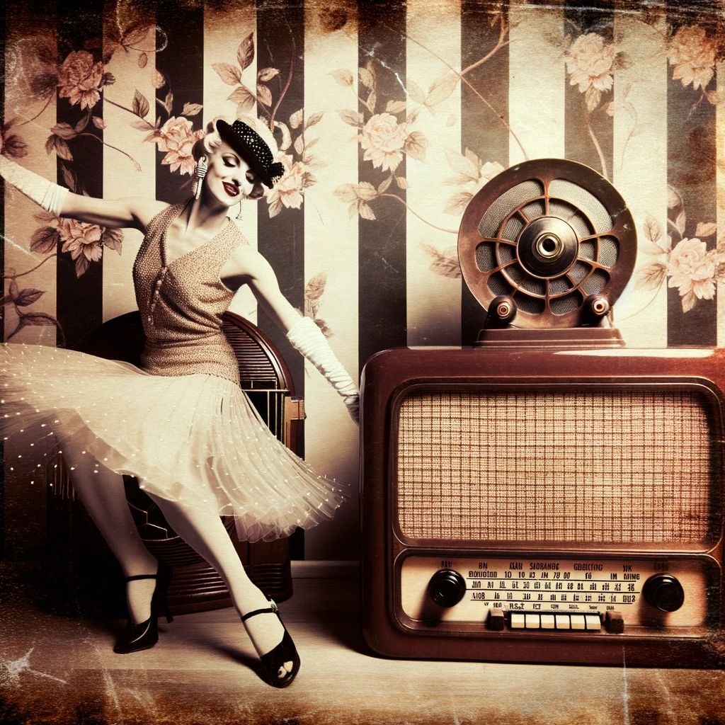 Prompt: faded photograph capturing the essence of an electro swing dancer, with vintage wallpaper and an old radio nearby