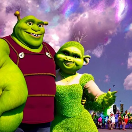 Prompt: Shrekshuka goes to Pride parade with shrek and Ben Stiller drag queen mario galaxy 