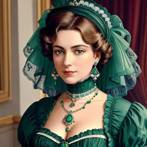 Prompt: Wealthy, stylish lady of the Victorian era, wearing sapphire jewelry, wearing green, facial closeup