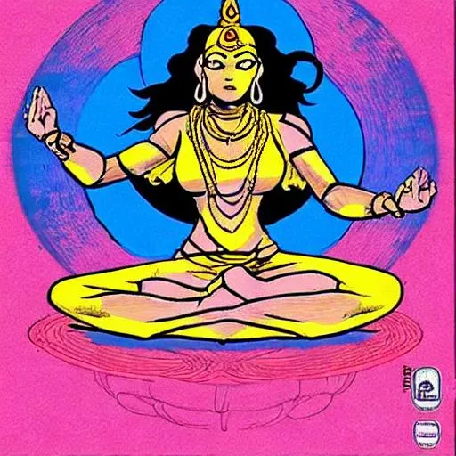 Prompt: Tantric goddes practicing yoga. use Frank Miller art style. 