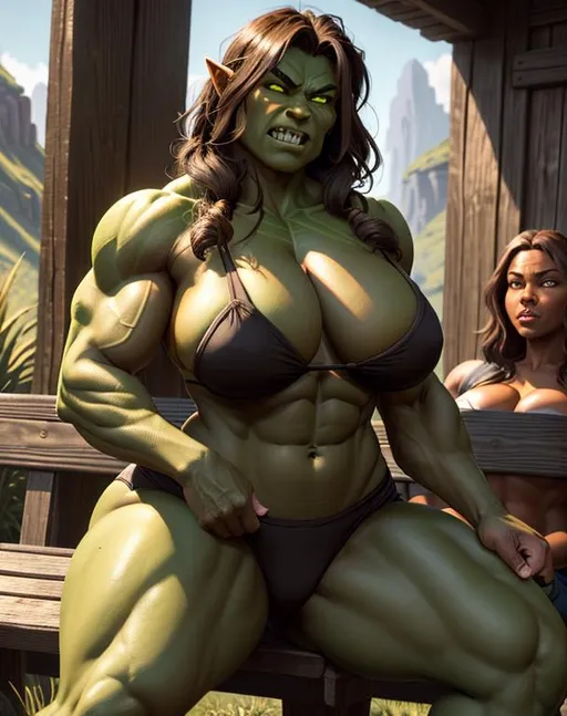 Prompt: oil painting, D&D fantasy, {25 years old}, ({deep green skin}) muscular, extra thick orc woman, green-skinned-female (very tall), sitting on wooden bench, {COLOSALLY BREASTED}, beautiful face, {loose soft brown hair}, short pointed ears, {fanged teeth}, looking at the viewer, {wearing cotton tanktop and leather skirt}, UHD, hd, {64k eyes}, detailed face, {bright wide yellow eyes}, {wide thick feminine lips}, feminine jaw, high cheekbones, long eyelashes, {extra wide hips}, thick thighs, broad shoulders, {large buttocks}, deep green skin, intricate details, insanely detailed, masterpiece, cinematic lighting, 8k, 64k, octane render, volumetric lighting, unreal 5, artwork, concept art, cover, top model, light on hair, colorful glamourous hyperdetailed rocky mountain background, ultra-fine details, hyper-focused, deep colors, dramatic lighting, hyper detailed eyes | by sakimi chan, artgerm, wlop, pixiv, tumblr, instagram, deviantart