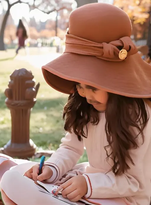 Prompt: Girl writing her journal.. big hat so you see no face while sitting on a WYCO blanket in the park