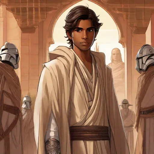 Prompt: A cute Indian jedi young man. He wears jedi robes, in background an ancient light side jedi temple. Rpg art. Star wars art. 2d art. 2d. Well draw face. Detailed. 