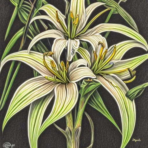 Prompt: african bush lily colour pencil drawing, black background